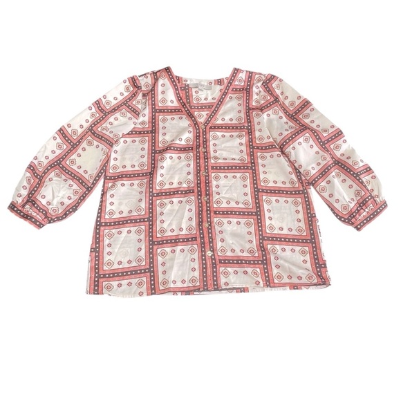 Loft Windowpane V-Neck Button Blouse size M. Peach, Brown & Cream - Picture 5 of 10